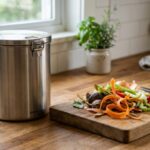 Sealed stainless steel countertop compost bin beside fresh vegetable scraps.