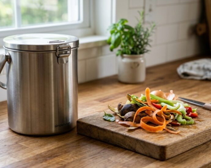 Sealed stainless steel countertop compost bin beside fresh vegetable scraps.