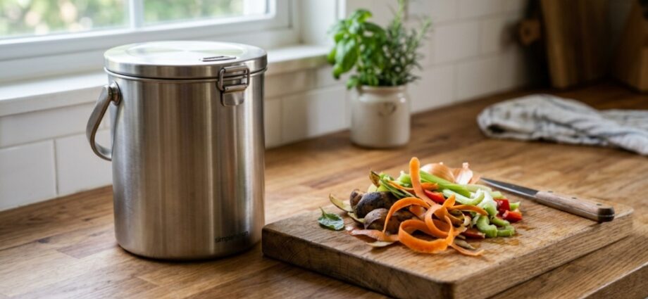 Sealed stainless steel countertop compost bin beside fresh vegetable scraps.