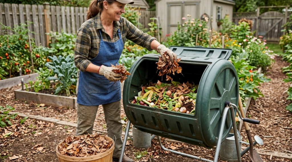 Gardener adding dry brown leaves to an outdoor compost tumbler.