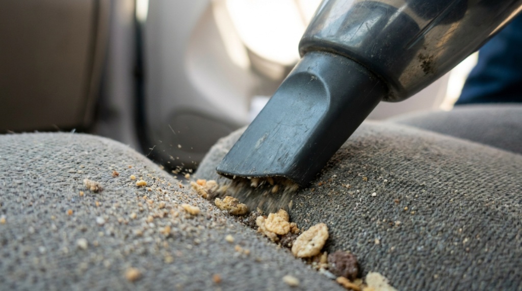 Vacuum nozzle cleaning debris from car seat gaps.