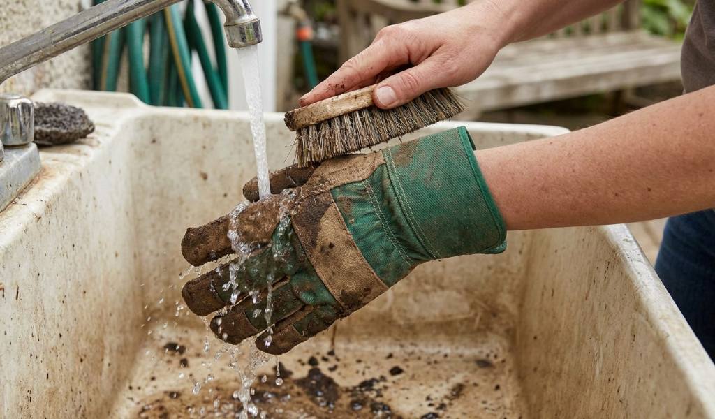 Baking soda treatment removing odor from garden gloves