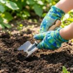 Child wearing snug fitting gardening gloves while planting