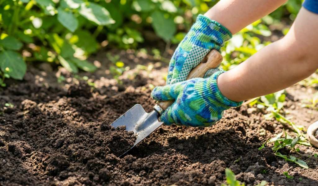Child wearing snug fitting gardening gloves while planting