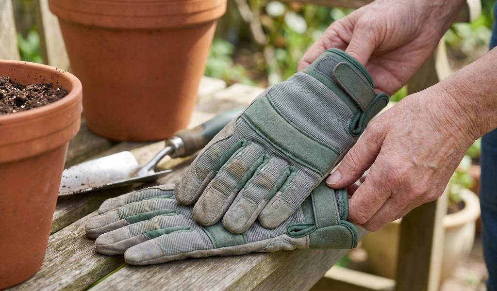Ergonomic garden tool paired with supportive gardening gloves