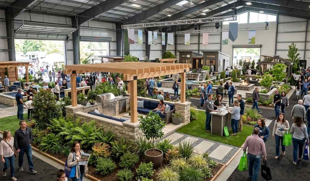 Landscape garden designs featuring colorful plants, decorative pathways, and outdoor landscaping ideas at the 2027 expo.