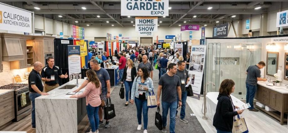 Visitors browsing kitchen and bathroom displays at a home improvement expo in San Diego