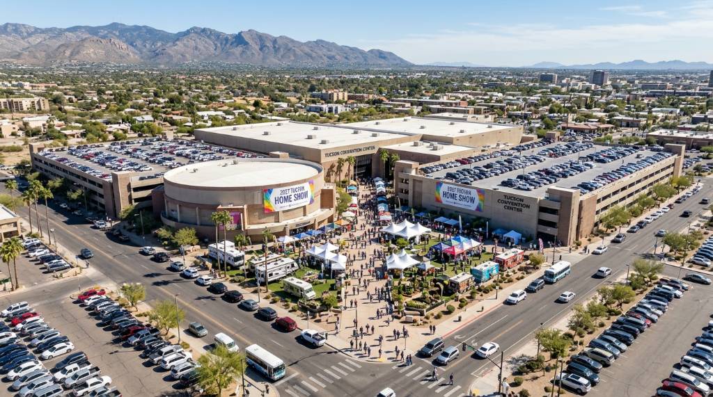 Aerial view of the Tucson Convention Center during the 2027 Tucson Home Show event weekend