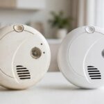 Aging First Alert smoke alarm beside a newer replacement alarm on a clean white tabletop