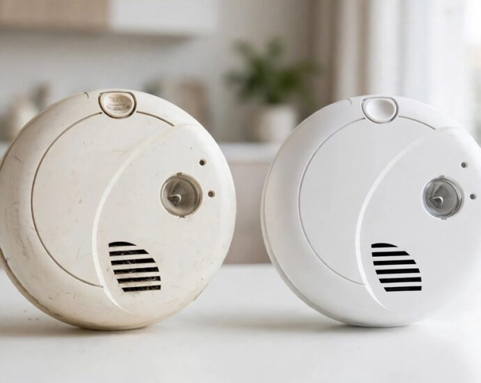 Aging First Alert smoke alarm beside a newer replacement alarm on a clean white tabletop