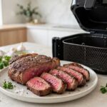 Air fried sirloin steak sliced on a plate beside an air fryer basket