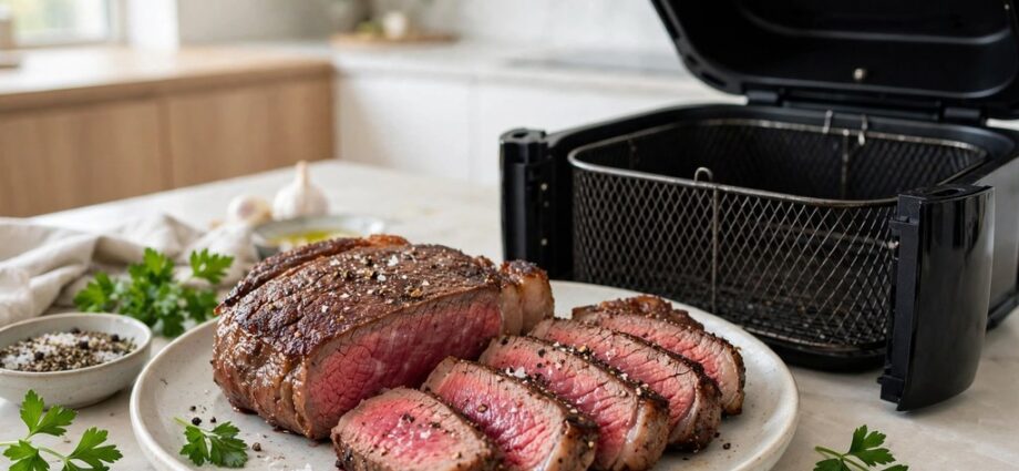 Air fried sirloin steak sliced on a plate beside an air fryer basket