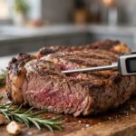 Instant read thermometer inserted into a grilled ribeye on a board