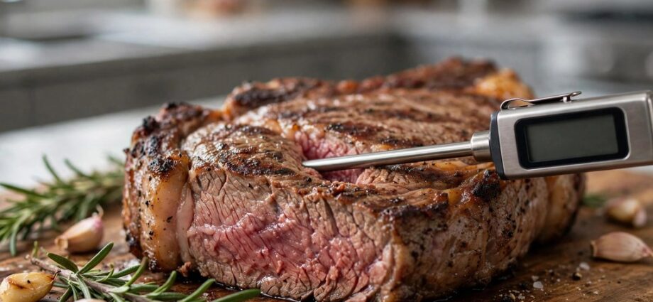 Instant read thermometer inserted into a grilled ribeye on a board