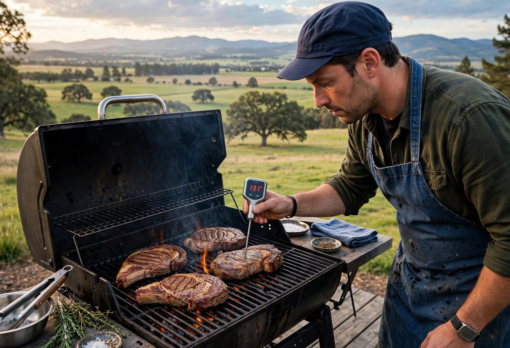 Cook checking a printable reference chart for steak doneness over a hot grill.
