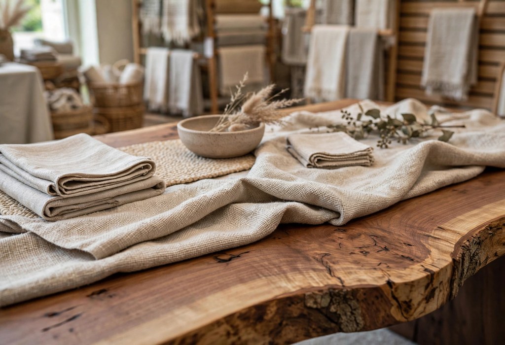 Close-up of live-edge wood table and woven linen textures in expo vendor booth