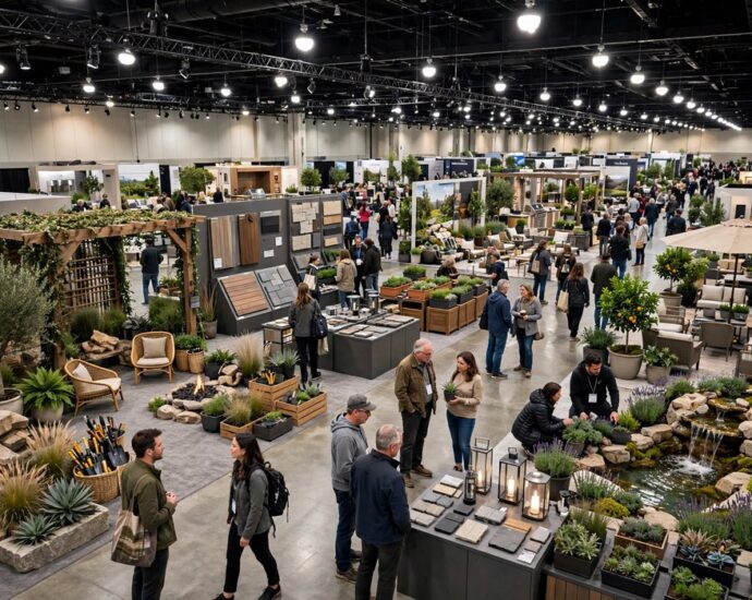 Crowds exploring exhibitor booths at the Northern California Home and Landscape Expo at Cal Expo