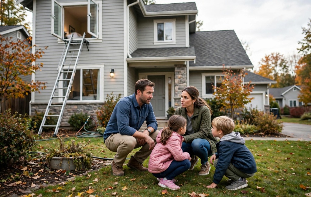 Family practicing a home fire escape plan outside their house