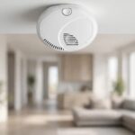 Modern First Alert combination smoke and carbon monoxide alarm mounted on a white ceiling in a contemporary home