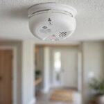 First Alert smoke alarm mounted on a ceiling inside a modern residential hallway with its indicator light visible