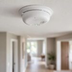 Modern First Alert smoke alarm mounted on a clean white ceiling in a contemporary home