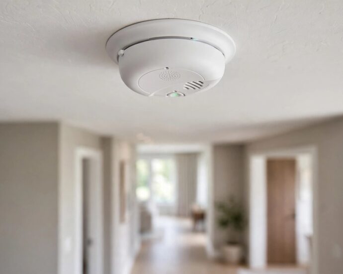 Modern First Alert smoke alarm mounted on a clean white ceiling in a contemporary home