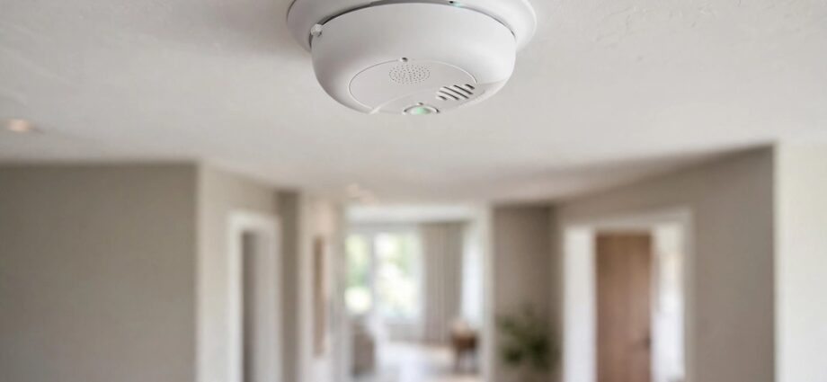 Modern First Alert smoke alarm mounted on a clean white ceiling in a contemporary home