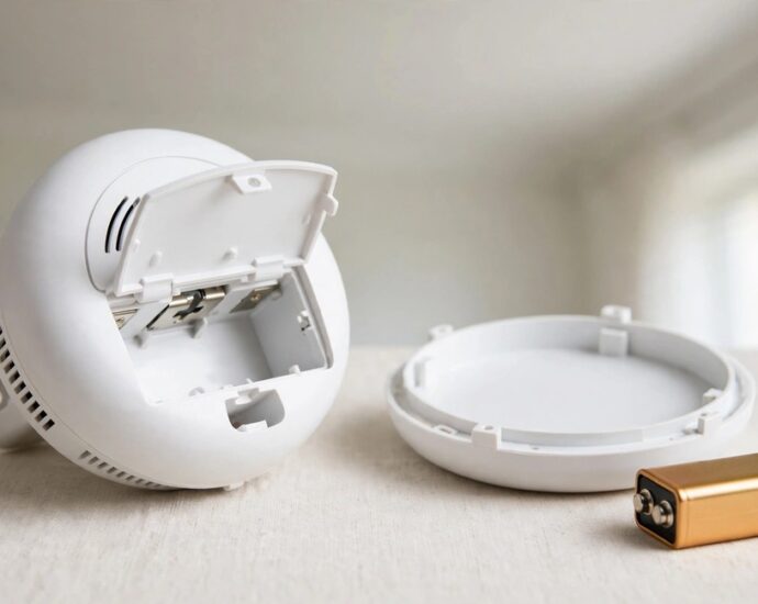 First Alert smoke alarm detached from its mounting bracket with battery compartment and fresh battery on a work surface