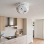 First Alert smoke alarm mounted on the ceiling near a modern home kitchen entrance with a cooking area softly blurred behind it