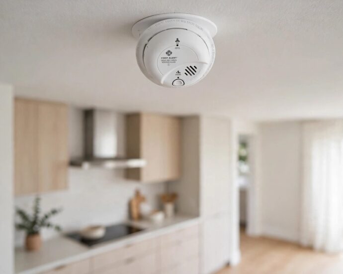 First Alert smoke alarm mounted on the ceiling near a modern home kitchen entrance with a cooking area softly blurred behind it