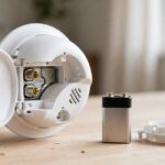 First Alert smoke alarm with its battery compartment open beside a compatible replacement battery and mounting bracket