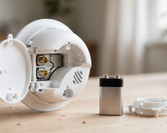 First Alert smoke alarm with its battery compartment open beside a compatible replacement battery and mounting bracket