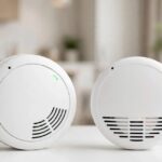 Two distinct First Alert home safety alarms on a clean white surface, one smoke alarm and one carbon monoxide alarm