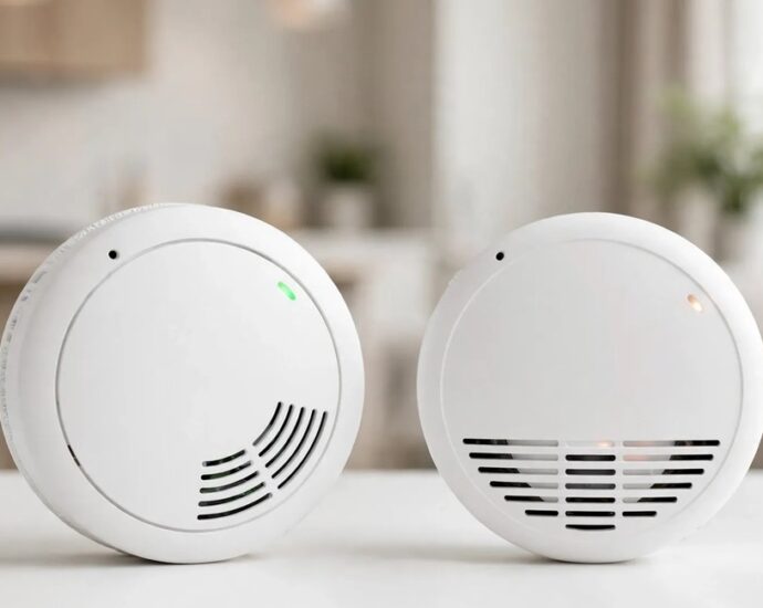 Two distinct First Alert home safety alarms on a clean white surface, one smoke alarm and one carbon monoxide alarm