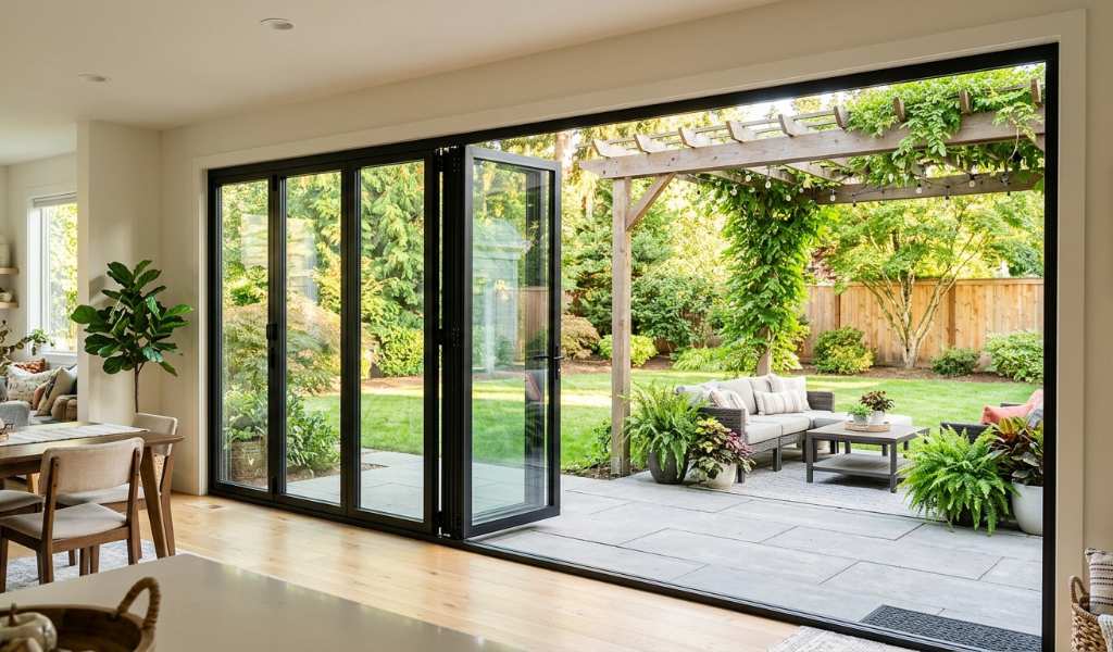 folding glass wall opening to backyard patio