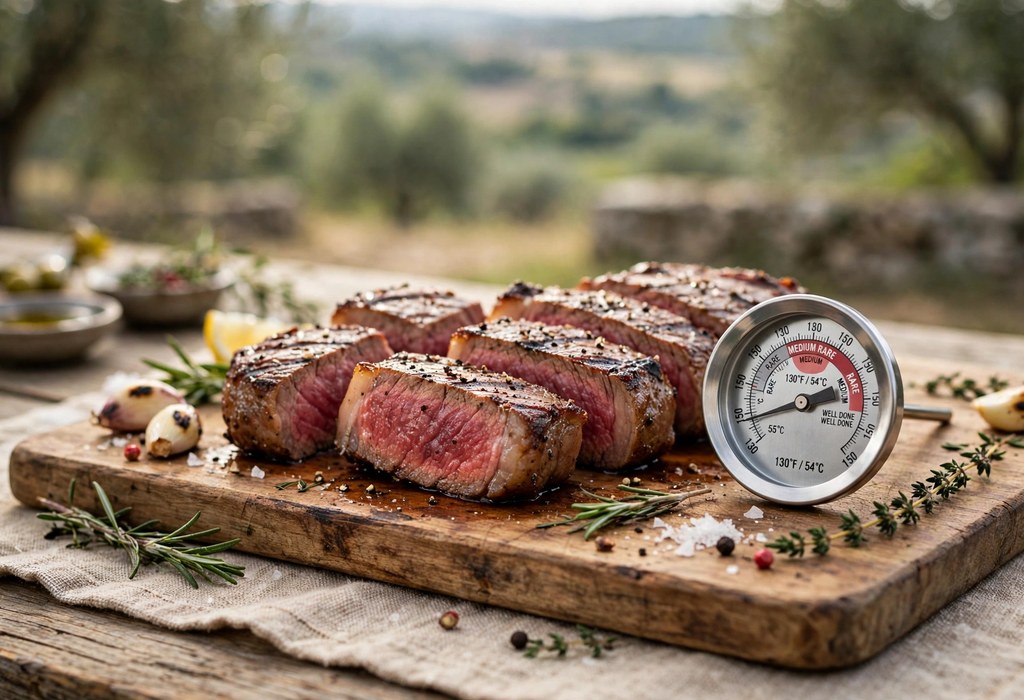 Grilled steak slices on a cutting board beside a meat thermometer showing medium rare doneness.
