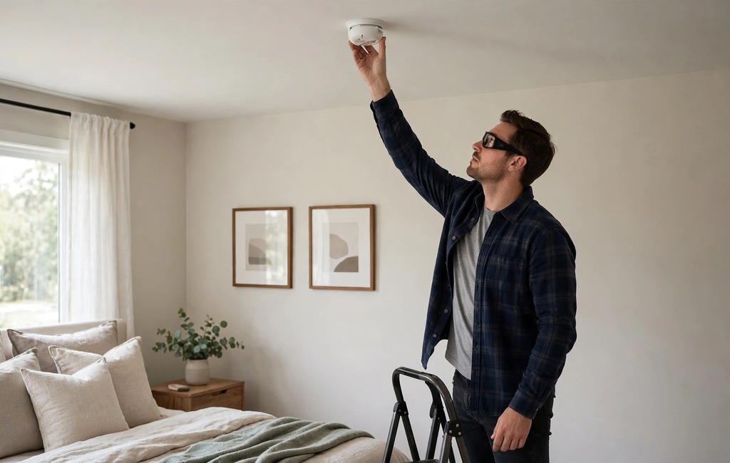 Homeowner installing a First Alert smoke alarm on a bedroom ceiling