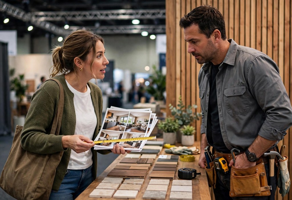 Homeowner shows room measurements and photos to a contractor at an expo vendor booth