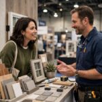 Homeowner speaking with a contractor at a home expo vendor booth