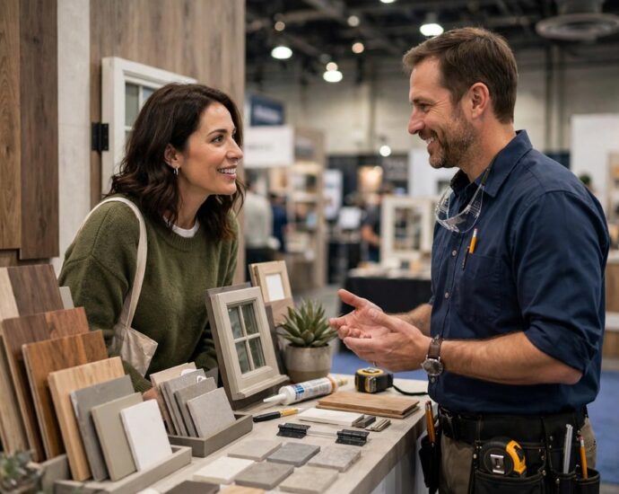 Homeowner speaking with a contractor at a home expo vendor booth