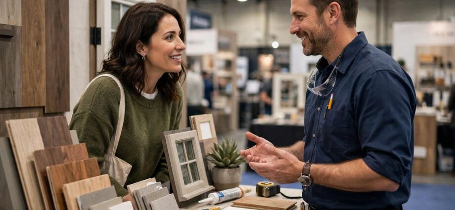Homeowner speaking with a contractor at a home expo vendor booth