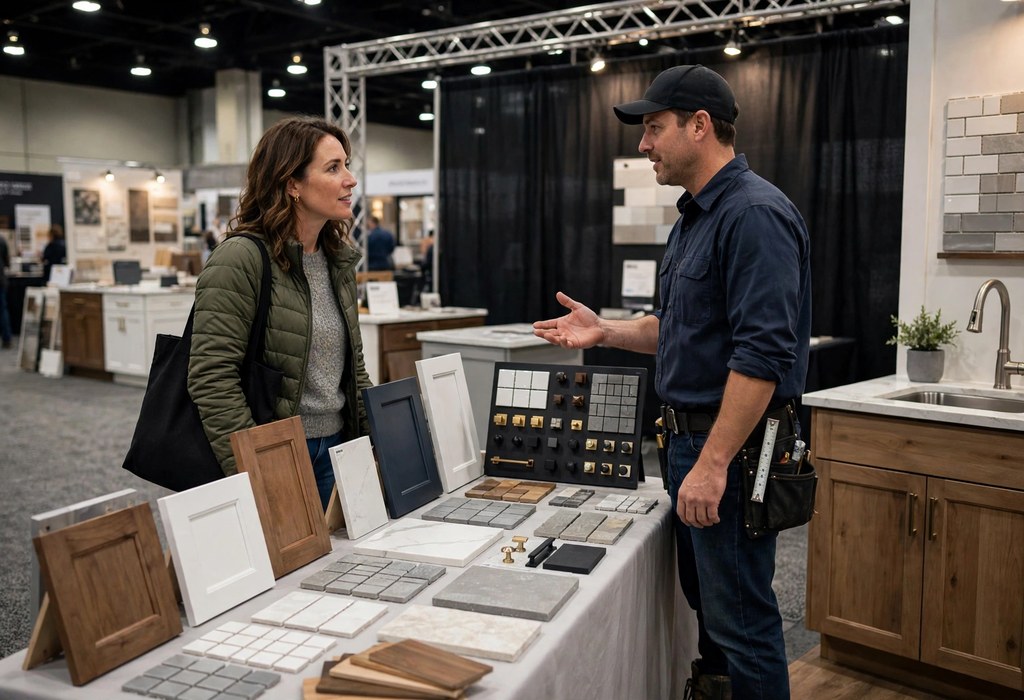 Homeowner talking with a remodeling contractor at an expo vendor booth