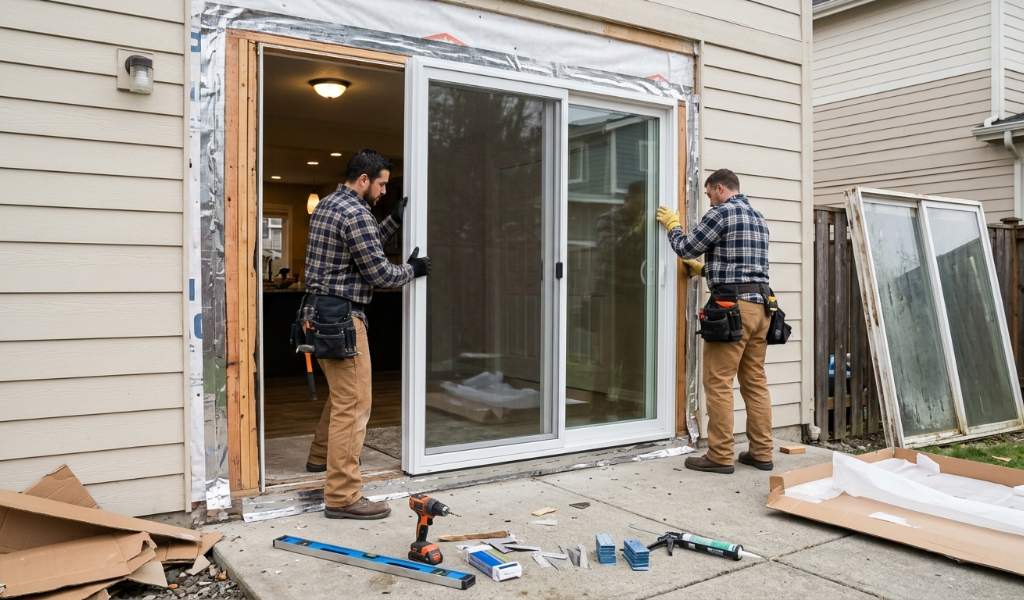 installer leveling new sliding patio door frame
