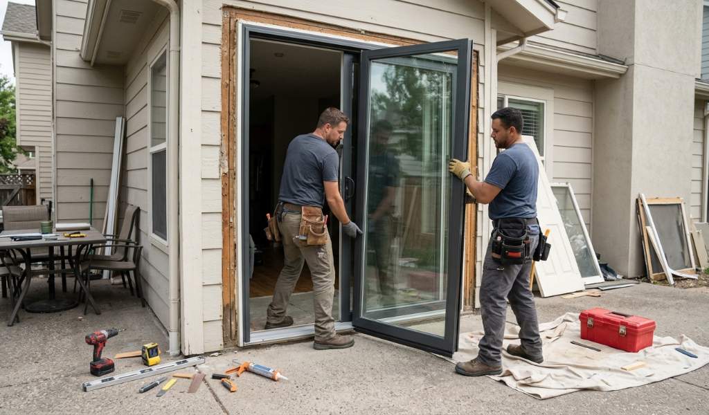 installer sealing new patio door frame during installation