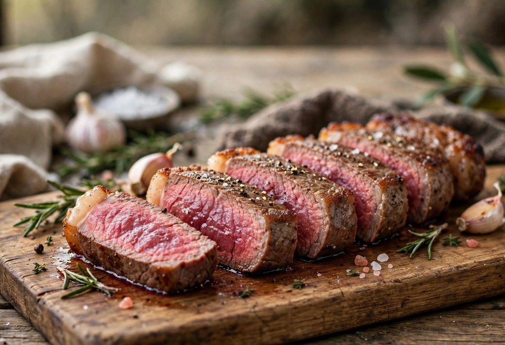 Sliced air fryer steak on a cutting board showing a juicy pink center