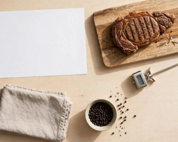 Blank reference sheet with grilled steak thermometer and towel on a counter