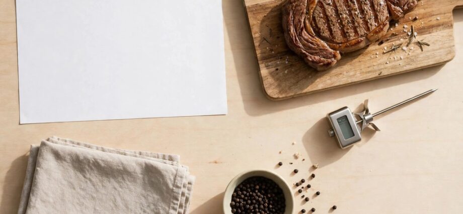 Blank reference sheet with grilled steak thermometer and towel on a counter