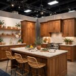Kitchen remodel display with warm wood cabinets and large island at home expo