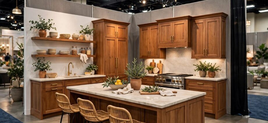Kitchen remodel display with warm wood cabinets and large island at home expo