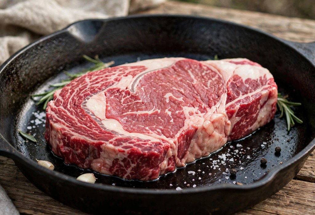 Close view of a ribeye steak showing rich marbling before cooking beside sirloin and filet mignon.